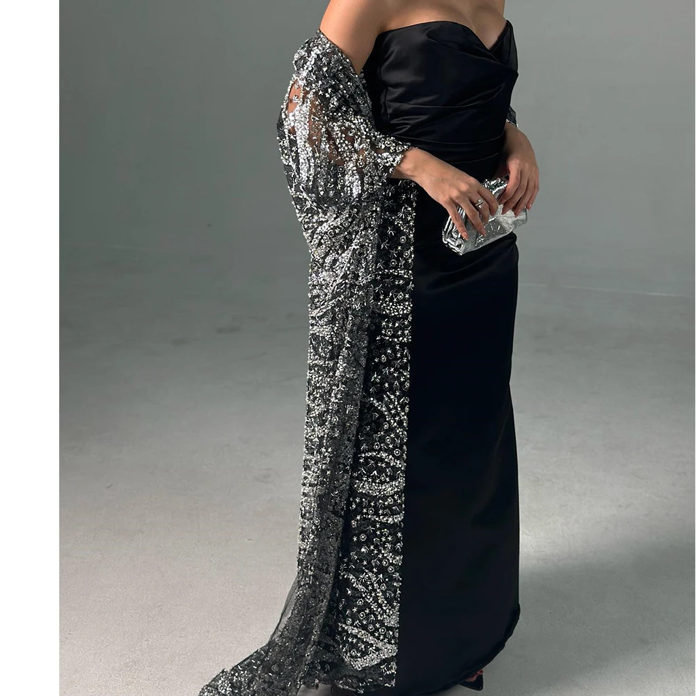 Customized Satin Straight shawl Crystal Evening Dress Strapless Floor Length Black Watteau Train Fashion Vestidos de fiesta