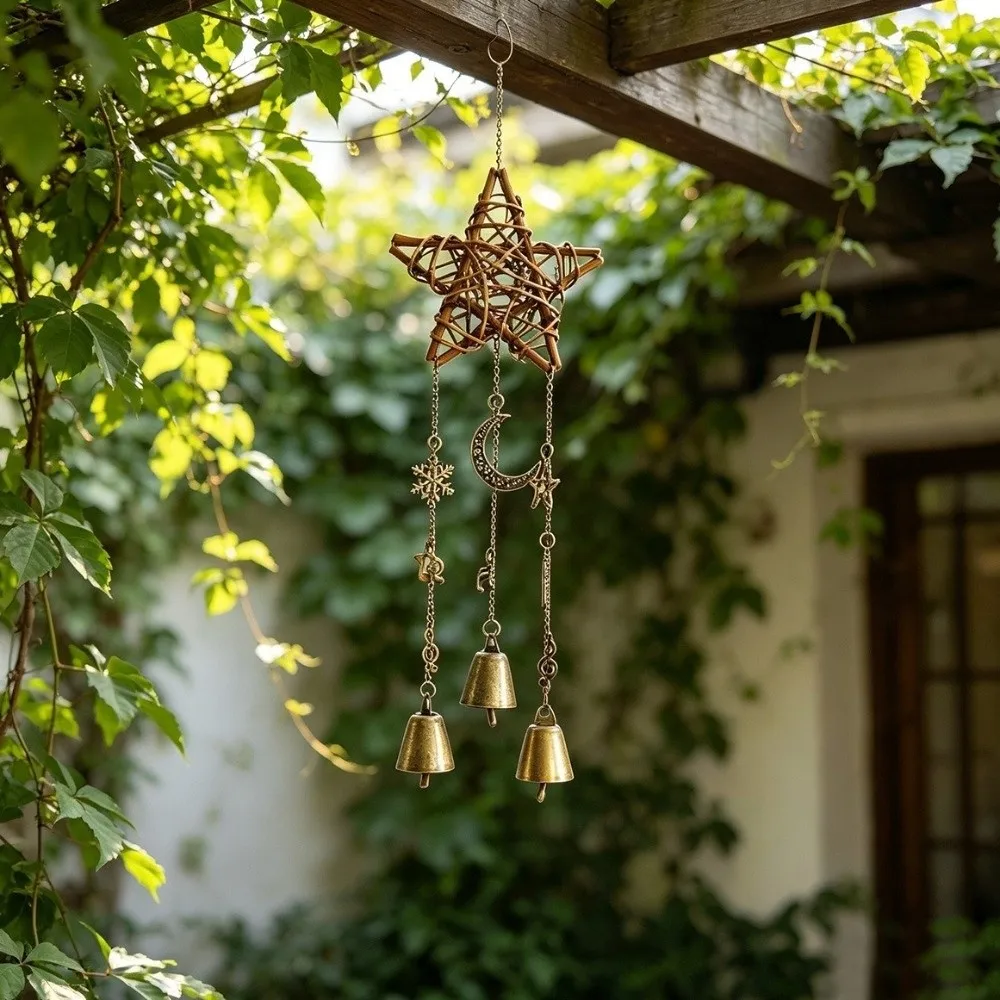Pastoral Style Rattan Woven Wind Chime Textured Frame Five-pointed Star Vintage Bell Pendant Hand Woven Tinkling Sound