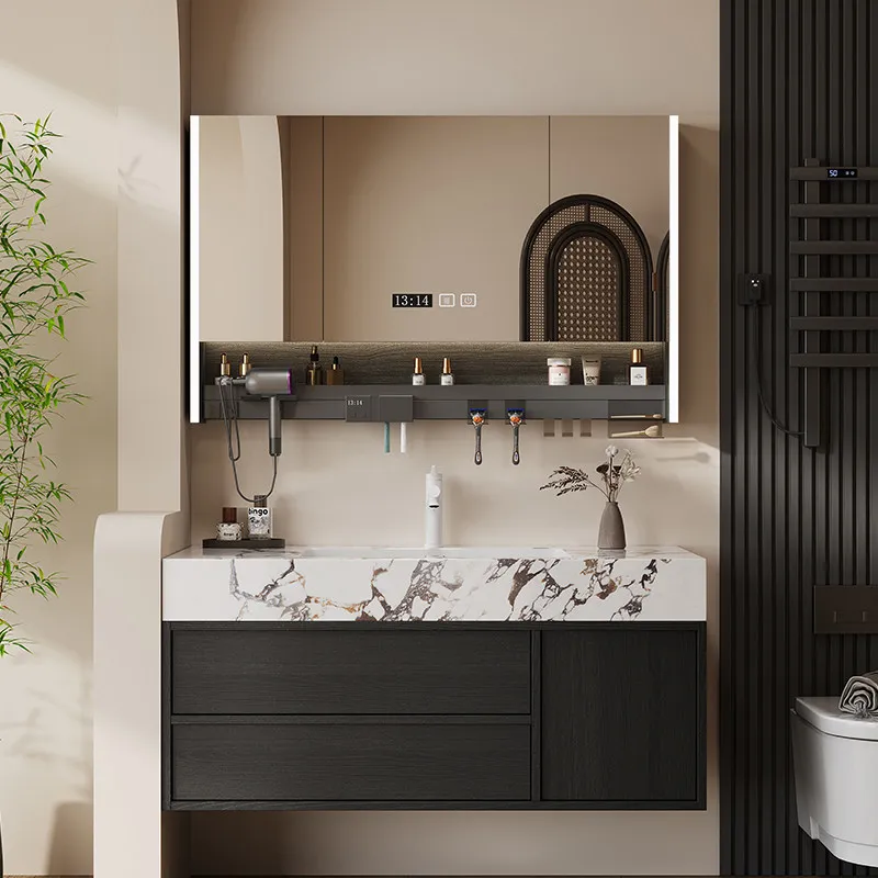 Black Bathroom Vanity with Pandora Sintered Stone Integrated Basin and Smart LED Mirror Cabinet for Home Bathroom furniture