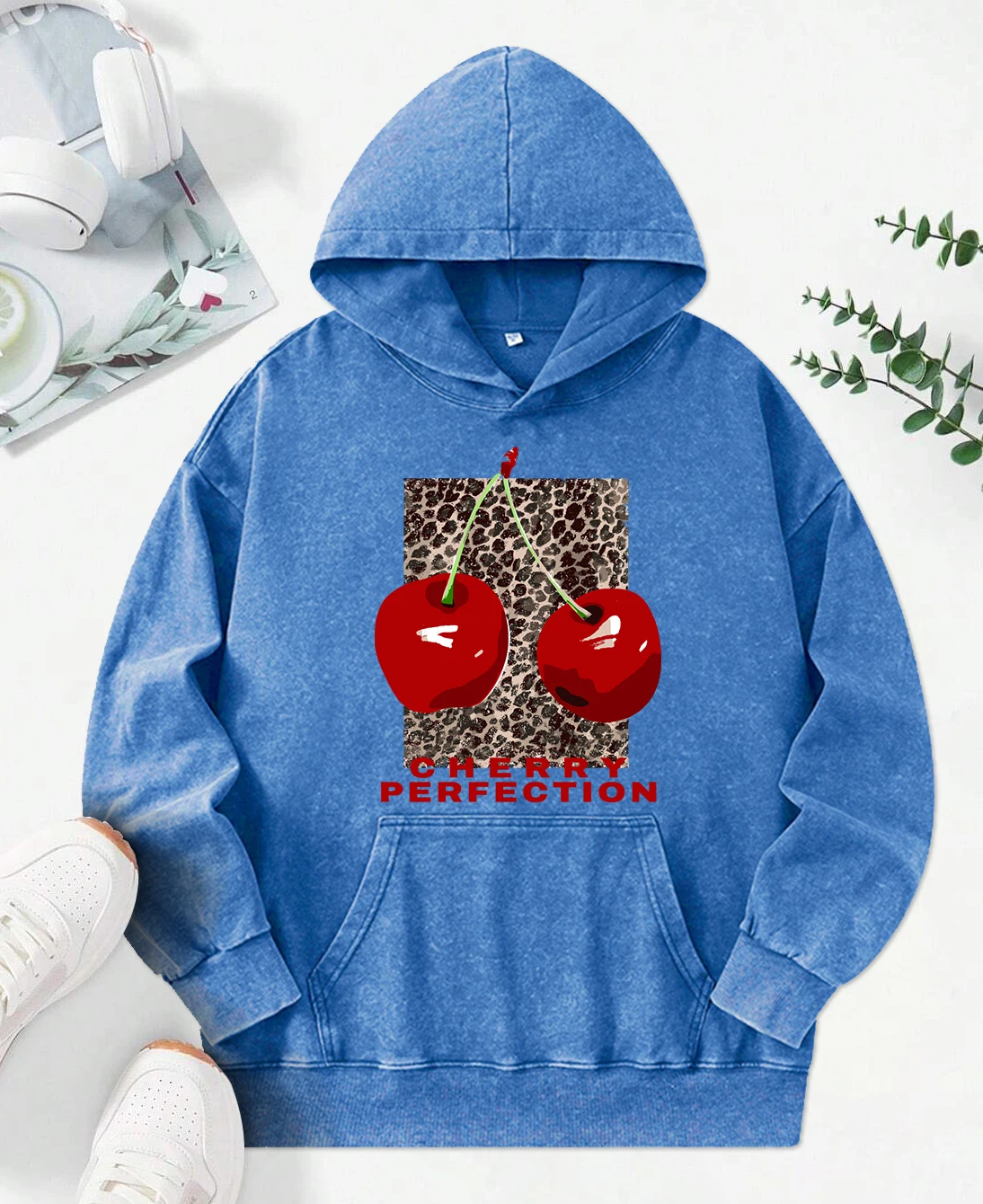 Fashion Leopard And Cherry Perfection Print Women Washed Hoodies Multicolor Hoody Loose Streetwear Autumn Cotton Womenwear