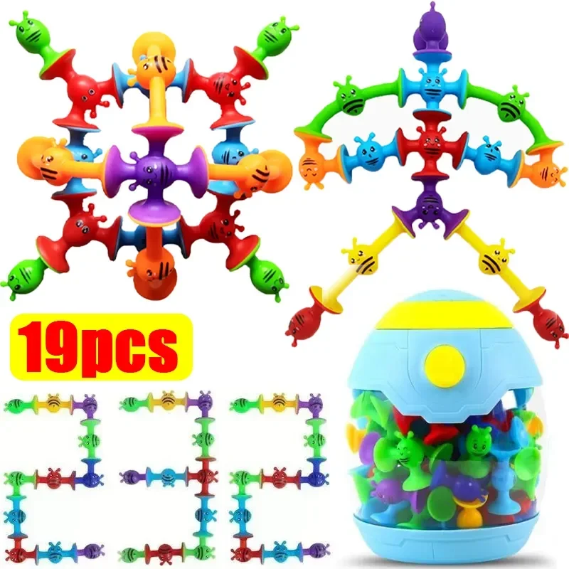 19Pcs Suction Cup Toys Baby DIY Plastic Bee Building Blocks Games Stress Relief Sensory Creative Educational Toys Gifts