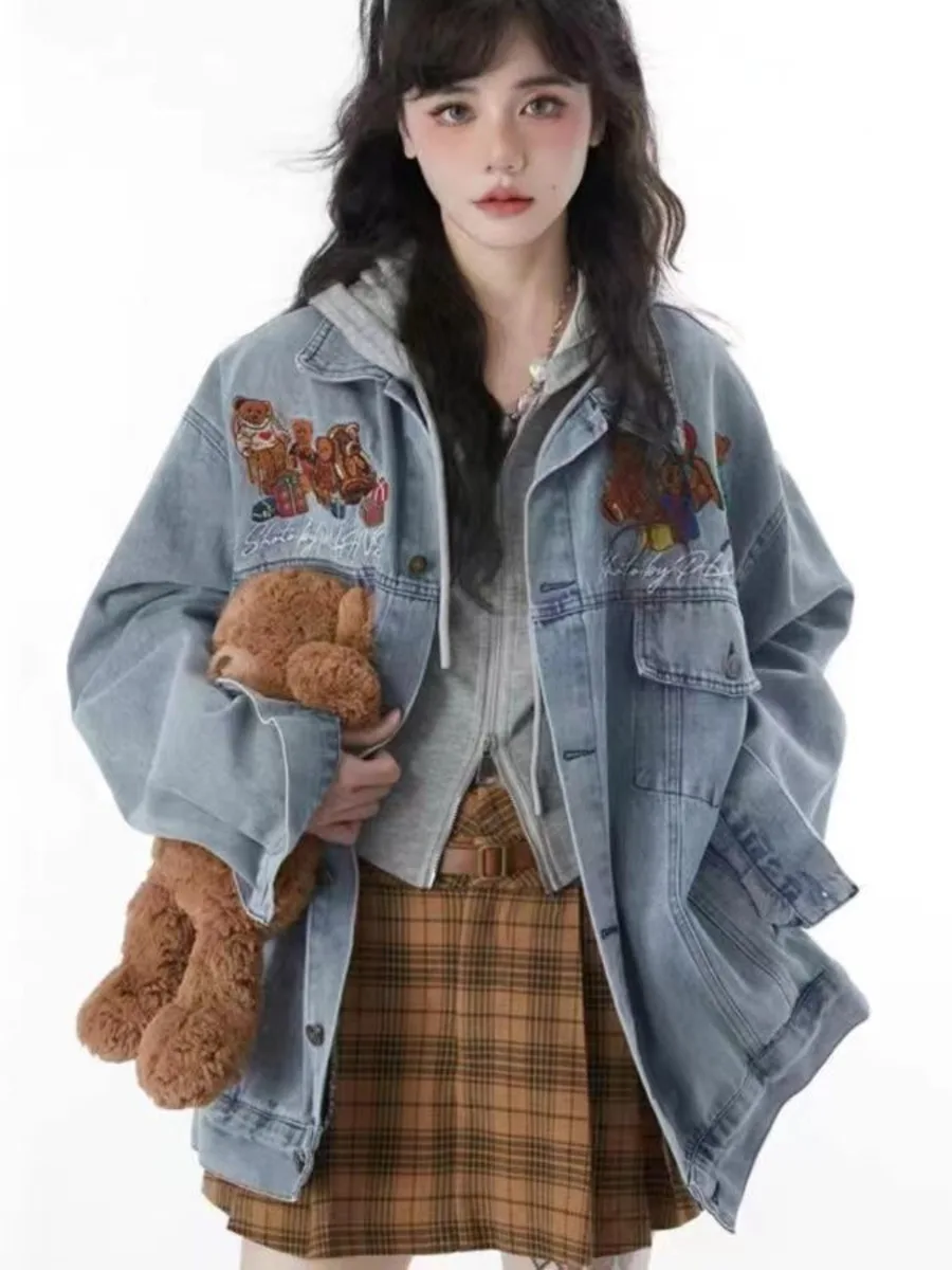 Cartoon Little Bear Embroidery Couple Loose Denim Jacket Spring Autumn Coat Top Harajuku Style Y2k Cute Long Sleeve Jeans Jacket