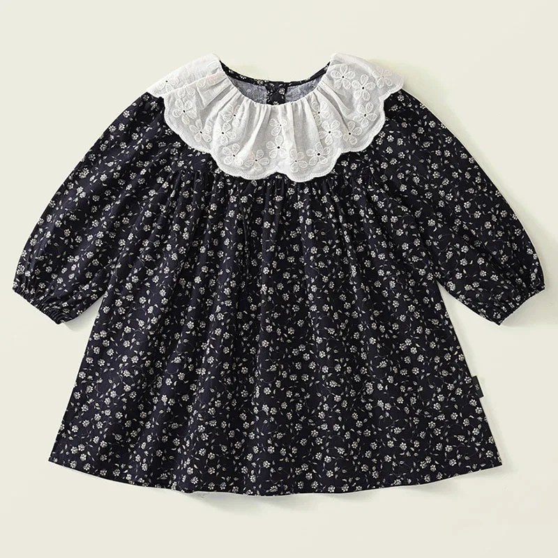 

2025 Spring Autumn Kids Clothes Girls Korean Fashion Cute Doll Collar Long Sleeve Princess Flowers Black Dress Baby Dresses B043