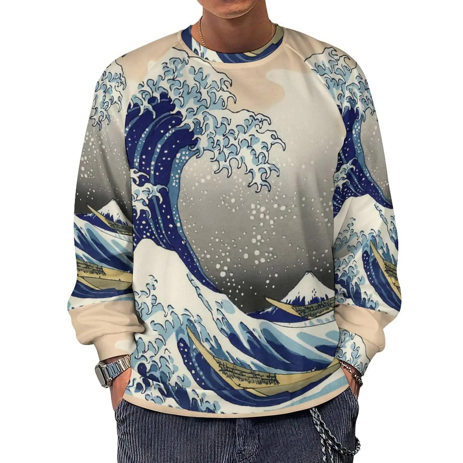 Moletom masculino com gola redonda 3D Ukiyo-e onda padrão manga comprida camiseta estampada solta gola redonda com capuz tamanho grande tops masculino