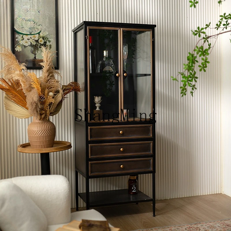 ZYY خزانة زجاجية فاخرة خفيفة على طراز وابي سابي لغرفة المعيشة خزانة عرض حرفية على الطراز الصناعي خزانة تخزين متعددة الأدراج #2