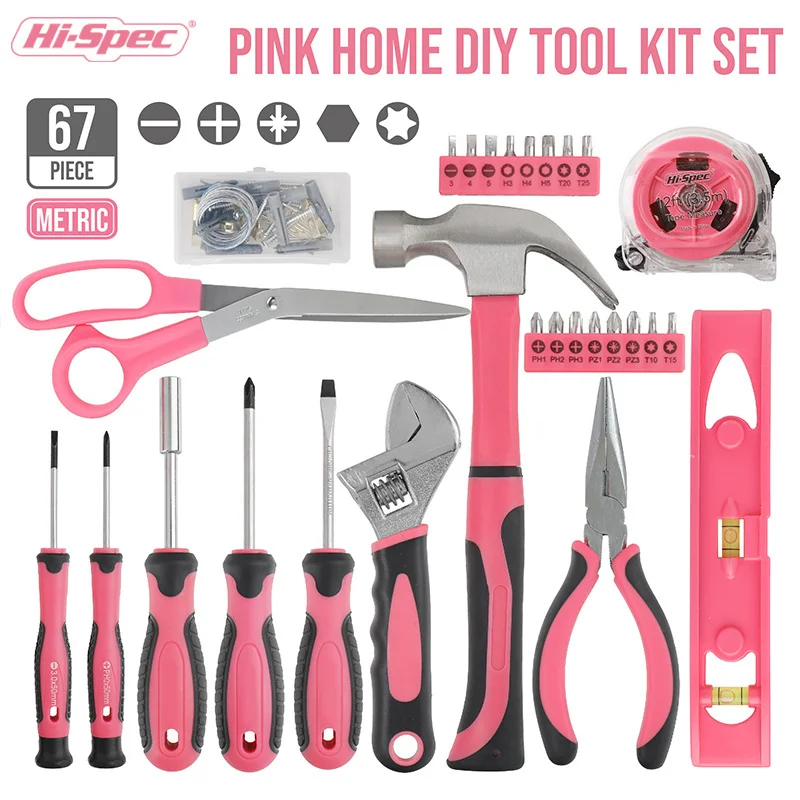 Hi-Spec 67pc Pink Tool Set Multi-tool Hammers Pliers Screwdrivers Hand Tools Saws Wrenches Tapes Pink Tool Kit For Women