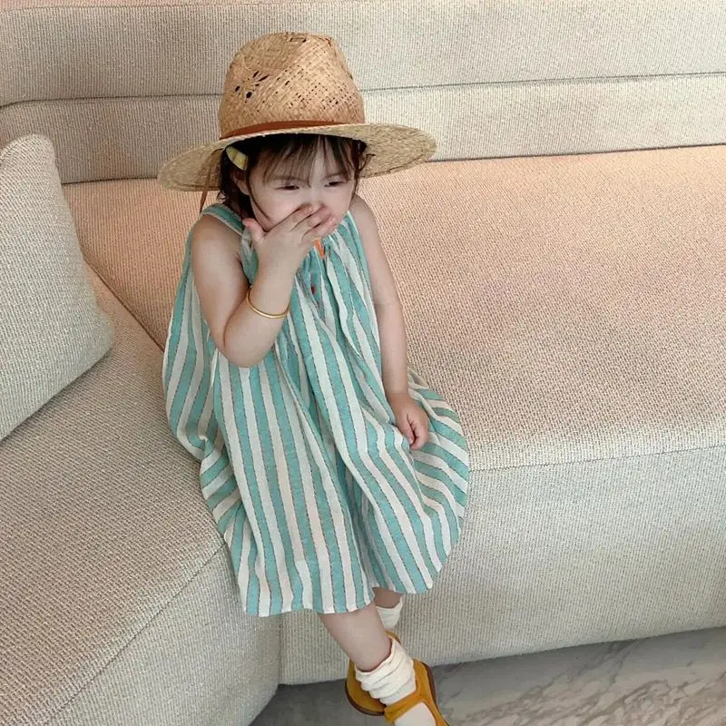 Childrens Clothing Girls Dress 2025 Summer New Style Childrens Small Fresh Color Blocked Striped Hanging Neck Skirt