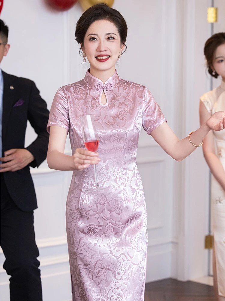 

Ele Purple Silk Satin Wedding Dr for Mother of the Bride Vintage Sle High Slit ort Sve Mid-Length Gown