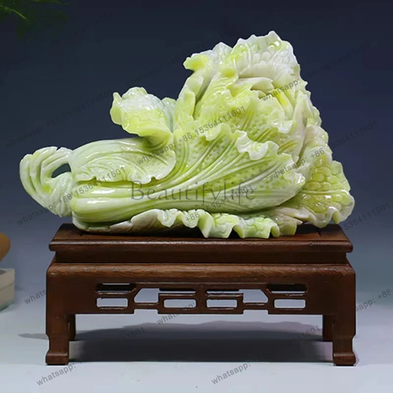 Jade cabbage ornament natural rough stone carving Chinese office housewarming opening gift