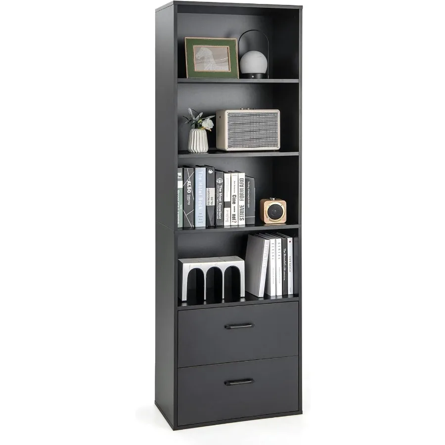 خزانة كتب بطول 74 من 4 طبقات مع أدراج خزانة كتب سوداء قائمة بذاتها مع مجموعات مضادة للرأس خزانة عرض خشبية مفتوحة للتخزين 4C