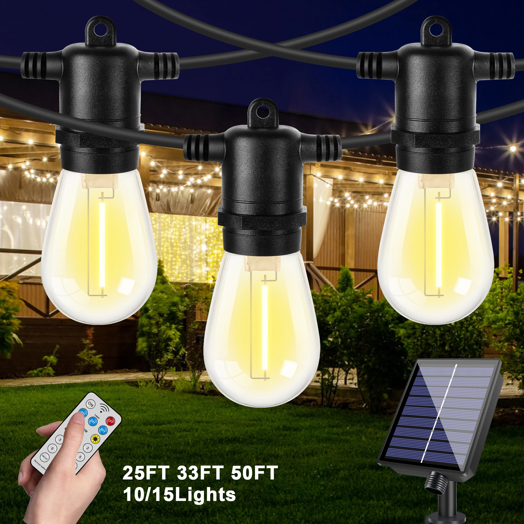 

S14 Outdoor Solar String Lights 25ft 50ft With Remote Chargeable Portable Shatterproof Waterproof Roof Patio Decor Hanging Light