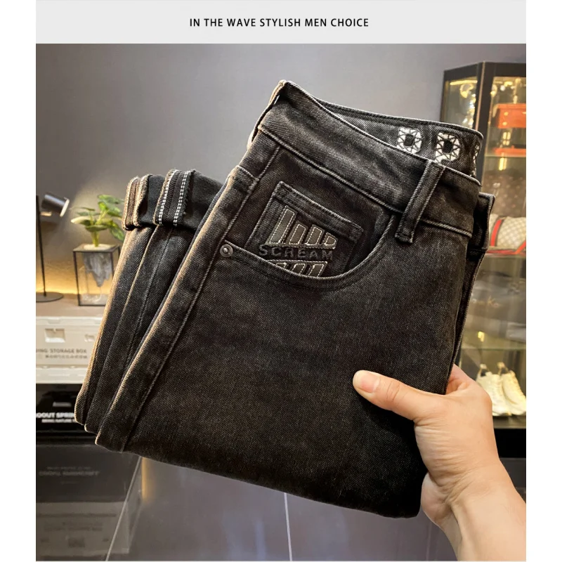 

Эластичные модные американские элитные черные джинсы мужские Skinny2025Осенний новый стиль крутые шаровары повседневные длинные брюки