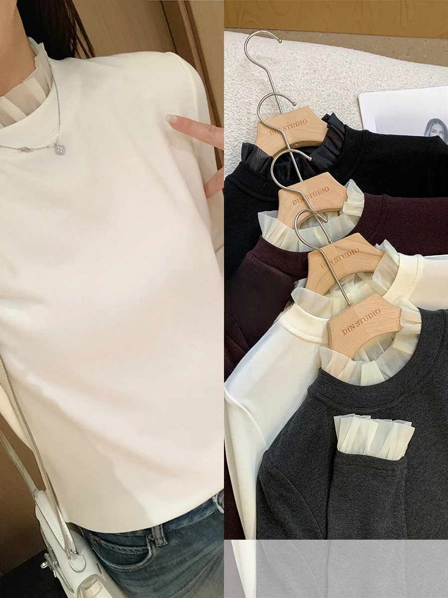 

Футболка Long Sve с кружевной отделкой, базовый слой, тканая шерсть, Fce Ogees, деревянный воротник-стойка, женский вязаный свитер