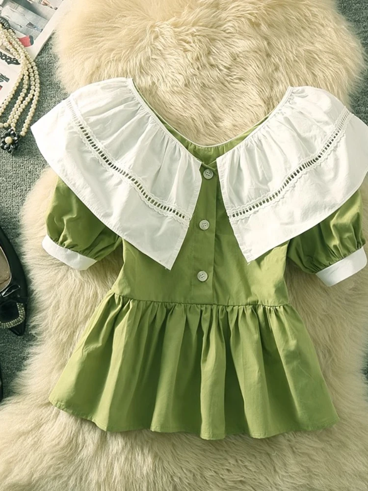 

French Sweet Blouses Peter Pan Collar Short Sleeve Crop Tops Pleated Patchwork Contrast Color Shirts All Match Women's Clothing