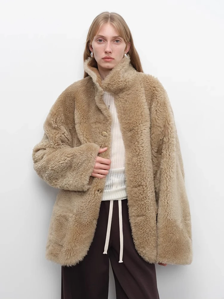 High-end Luxury Merino Sheep Fur Winter Suede Jackets Women Simple Double-sided Wear Design Genuine Leather Real Lamb Fur Coat