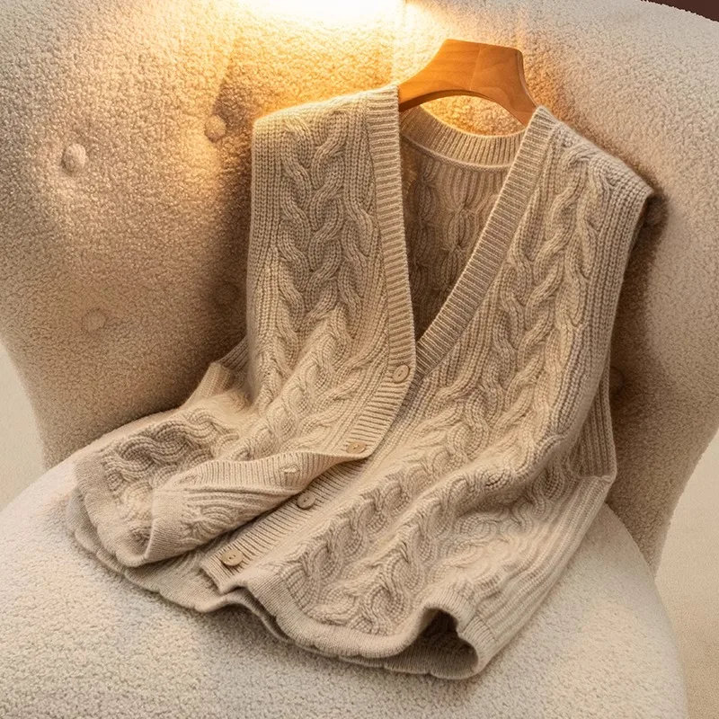 

Винтажный вязаный шерстяной жилет Sli для женщин, V-образный вырез, из пряжи, стандартной длины, универсальный, зимний, модный