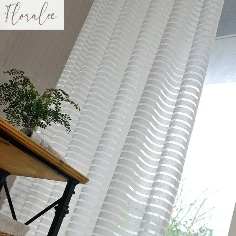 

Solid White Tulle High Quality Striped Thick Yarn Blinds Style Chiffon Sheer Window Curtains for Living Room Bedroom Decor Voile