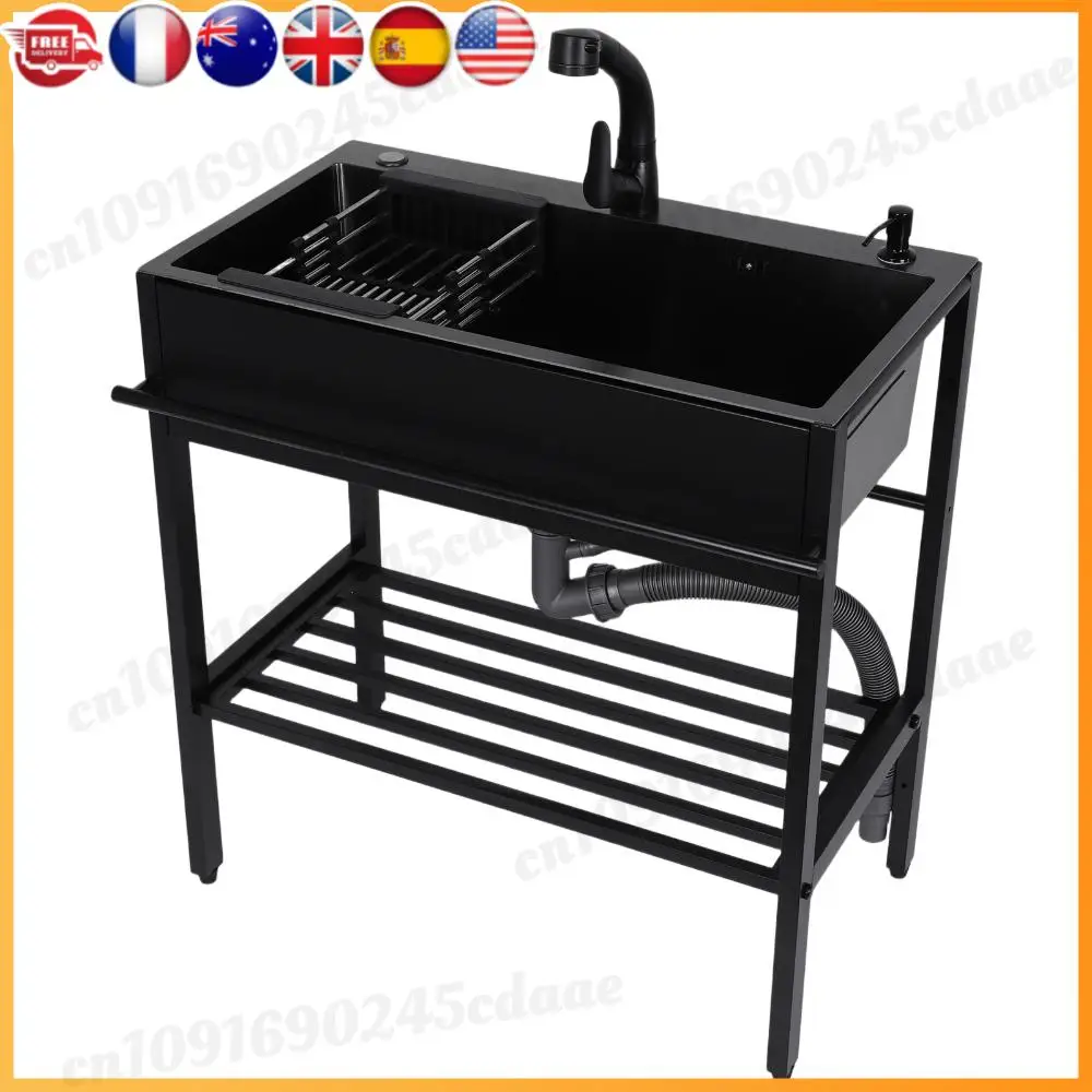 

Free Standing Single Bowl Kitchen Sink with Cold and Hot Water Faucet Hoses and Drain Kit Laundry Tub for Restaurant Garage