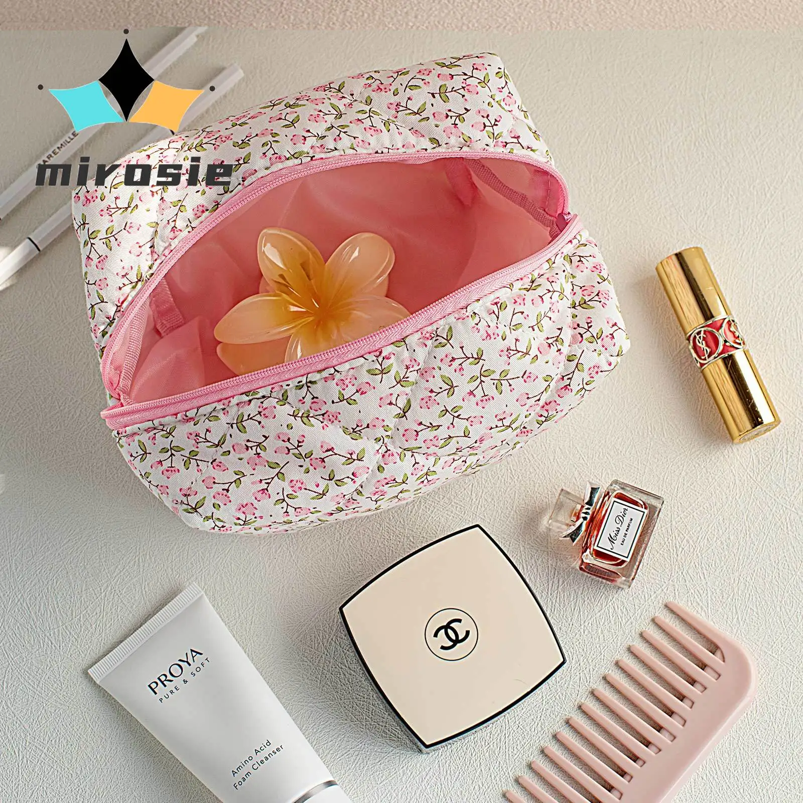 MIROSIE-Pretty Floral Print Makeup Bag with Zipper, Portable Travel Skincare Storage Pouch, Organizers, Cosmetic Bag for Travel