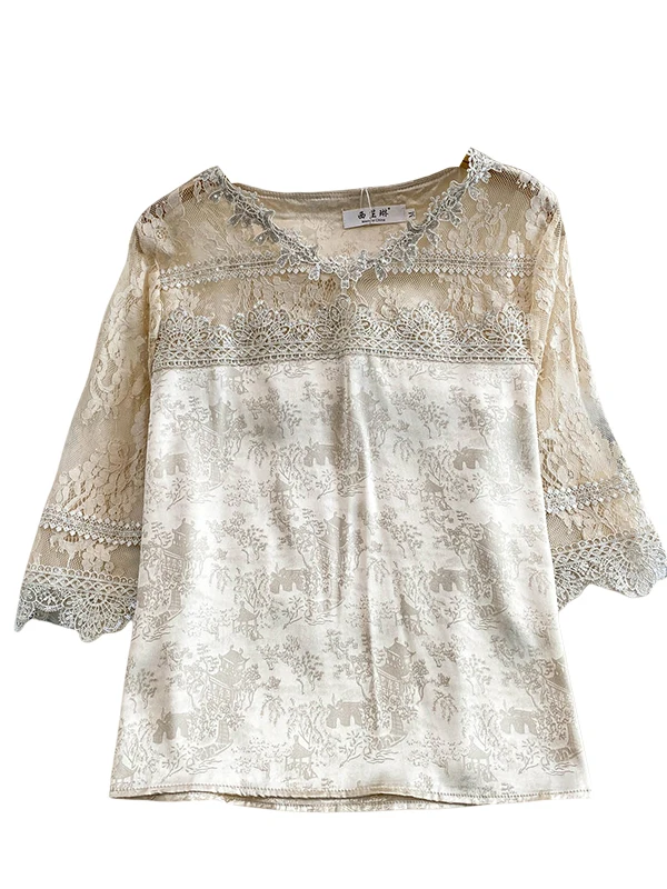

Retro Heavy Embroidery Lace Patchwork V-Ne 3/4 Sve T-irt Women's New Satin Print Loose Slimming Top Faionable Casual...