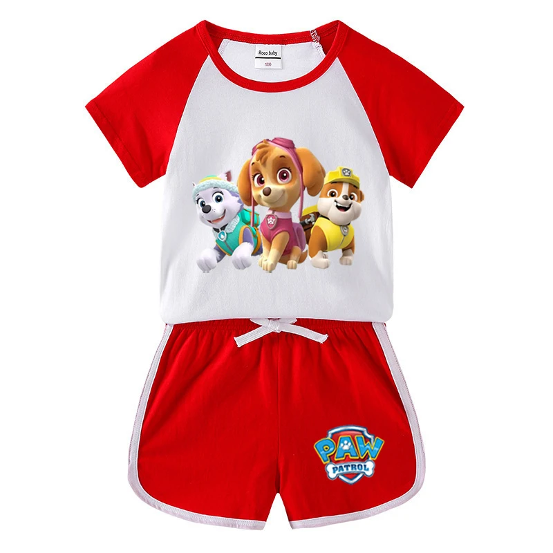 Vêtements d\'été pour garçons, tenue imprimée dessin animé PAW Patrol, t-shirt à manches courtes + short, 2 pièces, nouvelle collection 2024