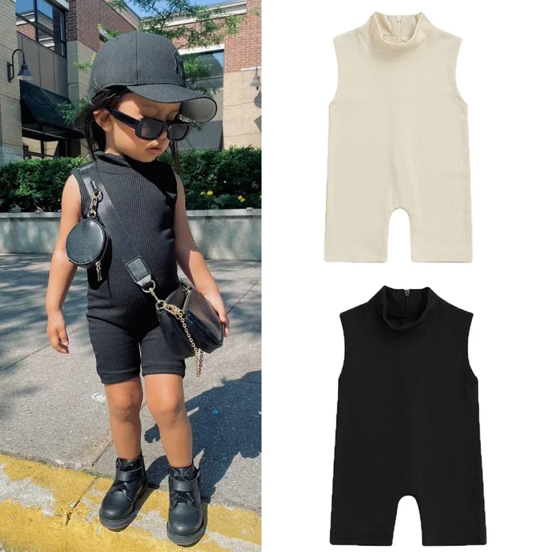 

FOCUSNORM 6 Colors Summer Fashion Baby Girls Jumpsuits Pants 0-5Y Solid Sleeveless Back Zipper Elastic Playsuits