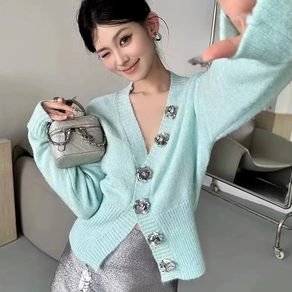 Lazy Style Sweaters For Women Fashion Mint Green Sexy V Neck Cardigan Autumn Sequin Flowers Decoration Button Knitted Top Ladies