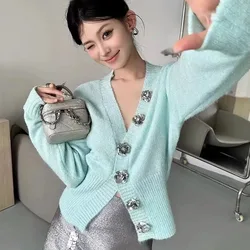 Lazy Style Sweaters For Women Fashion Mint Green Sexy V Neck Cardigan Autumn Sequin Flowers Decoration Button Knitted Top Ladies