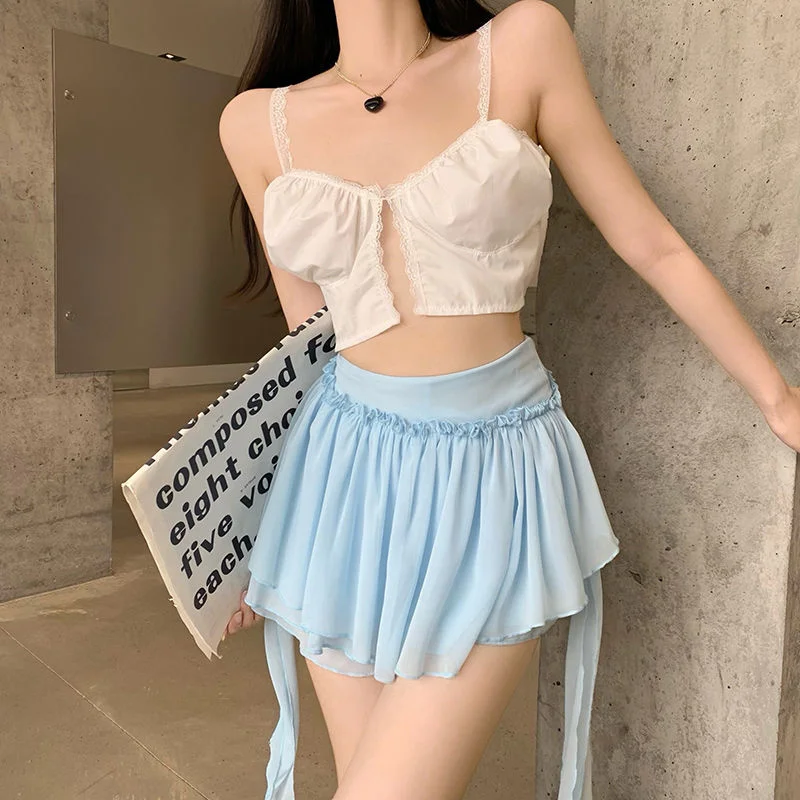 White Blue Chiffon Short Kawaii Skirt A-Line Ruffles Casual Mini Skirt Beach Summer