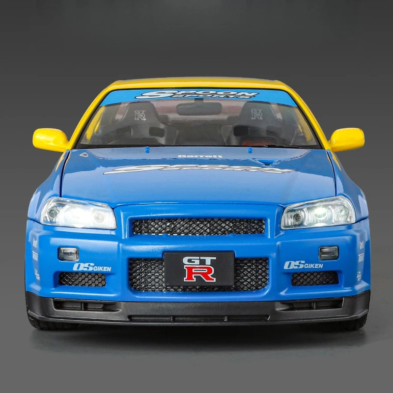 

Масштабная модель спортивного автомобиля GTR R34 1:18, высокодетализированная, из литого металла, со звуком и светом, коллекционная, детская игрушка, подарок
