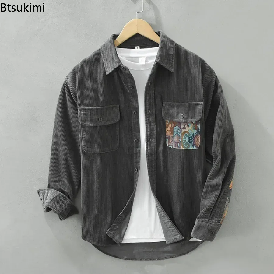 

2026 Spring Autumn Men's Corduroy Shirts Fashion Patchwork Design Loose Casual Vintage Shirt Coats 100% Cotton Shirt Jacket Male