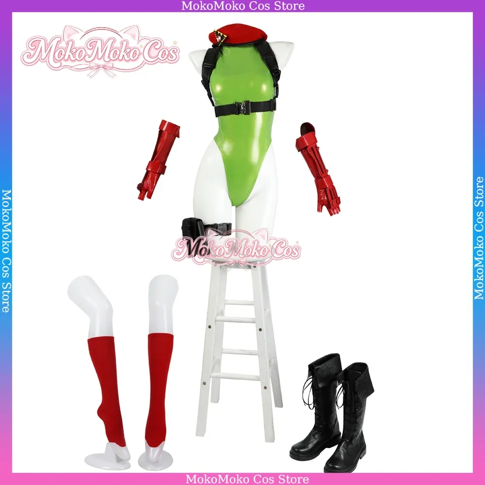Super Sexy Cammy Cosplay Costume Street Fighter Sexy Green Bodysuit Leather Latex White Halloween Wig Carnival Stage Performance