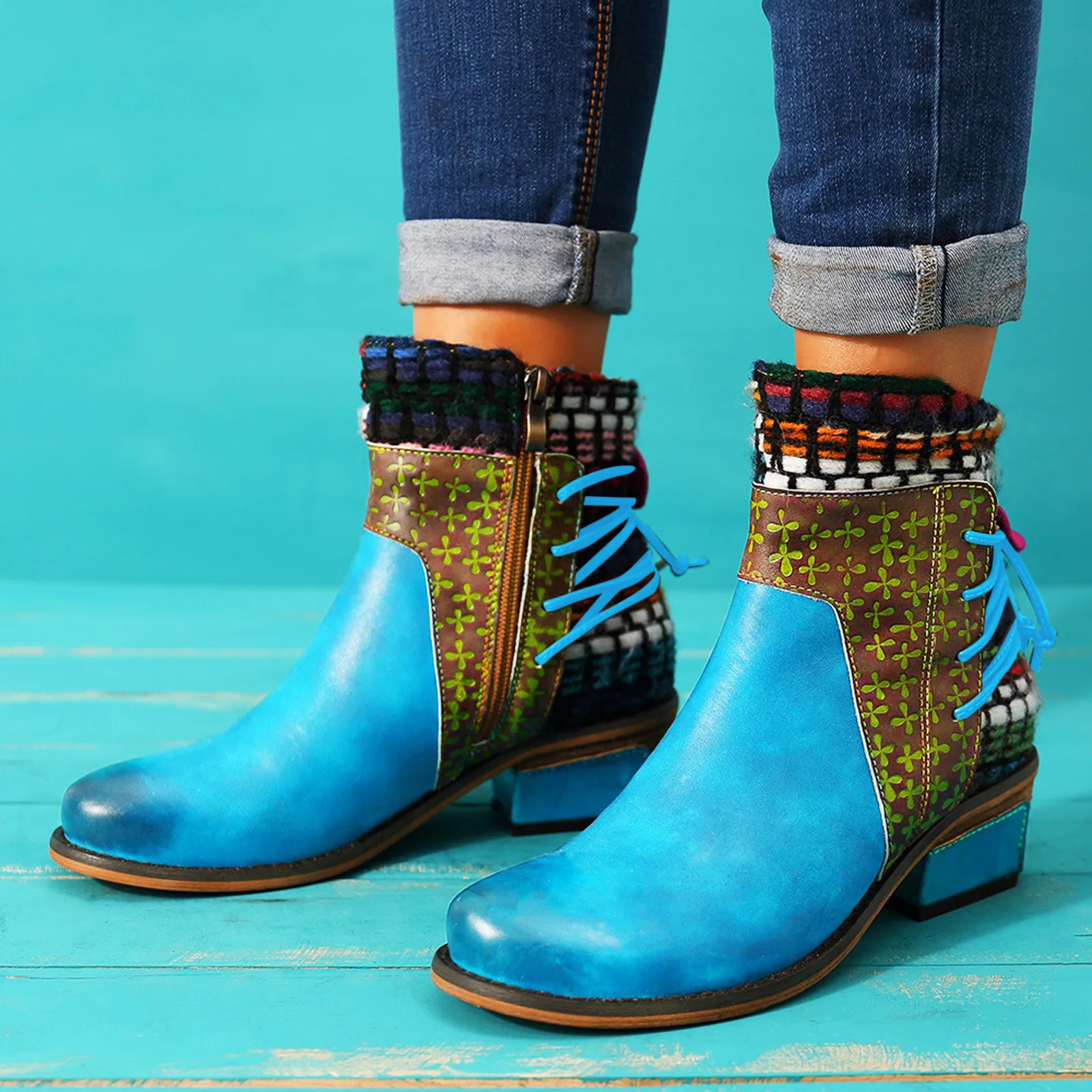 

Women's Heel Boots Ethnic Style Fashion Mixed Colors Patchwork Cross Strap Side Zipper Short Boots 2023 New Ladies Modern Boots