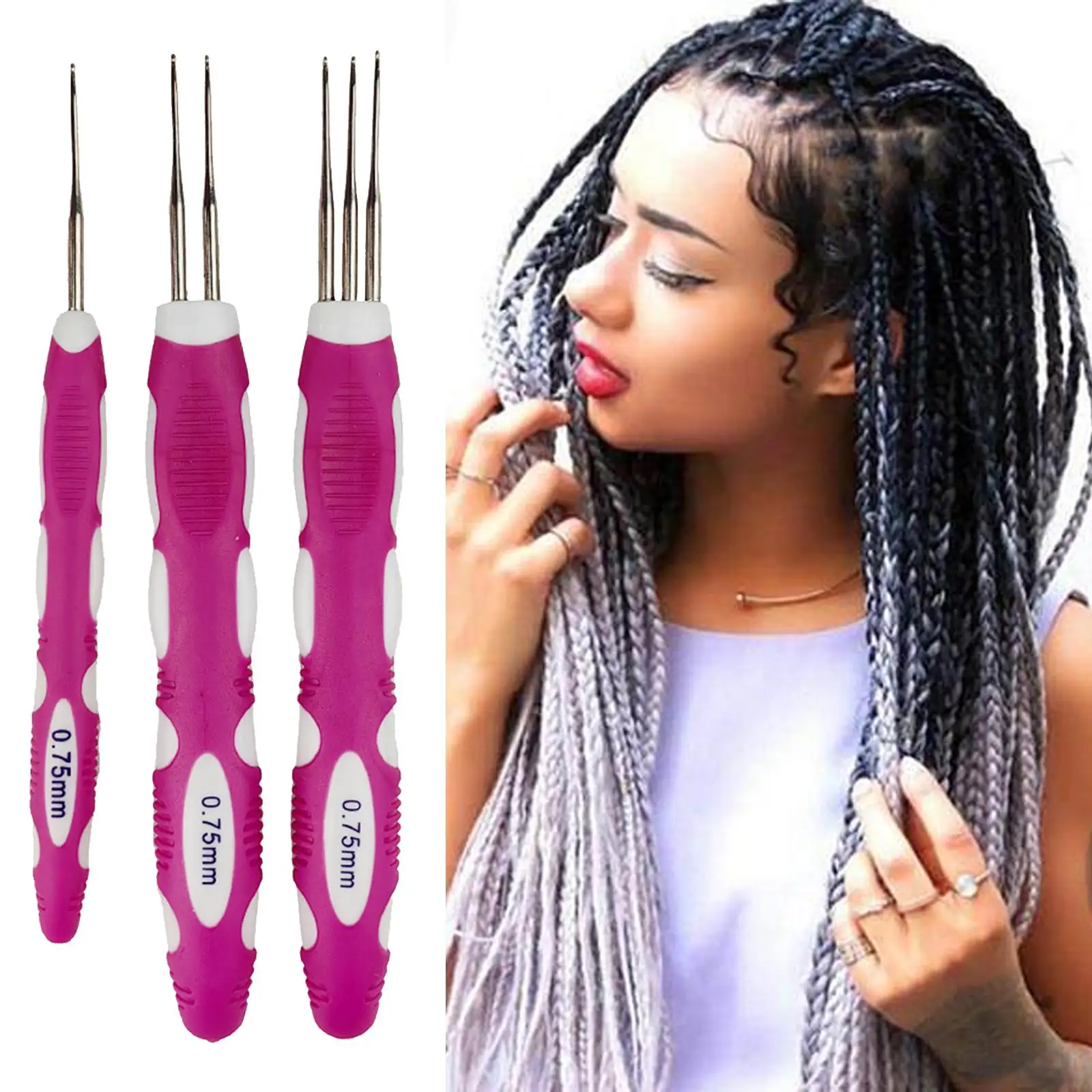 Dreadlock Crochet Needle with Handle Easy to Use Styling Professional 0.75mm Hair Braiding for Hair Accessories Braid Crafts