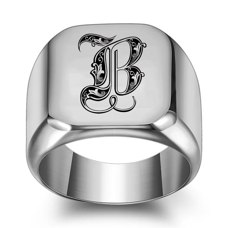 ZORCVENS 18mm Chunky Signet Ring for Men Punk Silver Color Stainless Steel Royal Initialen Letter Initial Stamp Ring Jewelry