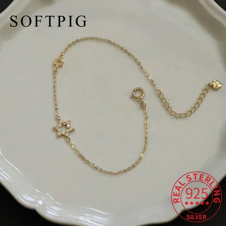 

SOFTPIG Real 925 Sterling Silver 1MM Chain Zircon Hollow Star 18K Charm Bracelet For Women Classic Fine Jewelry Bijoux Summer