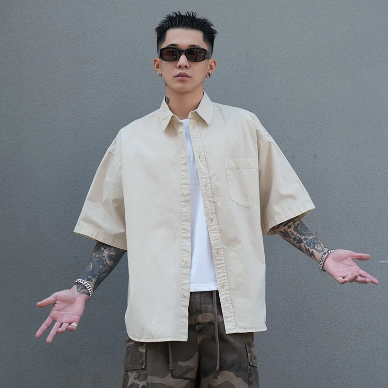Heavyweight Short-Sleeved Shirt Men's Summer Solid Color Lapel Pocket Casual Shirt Cotton Loose Shirts