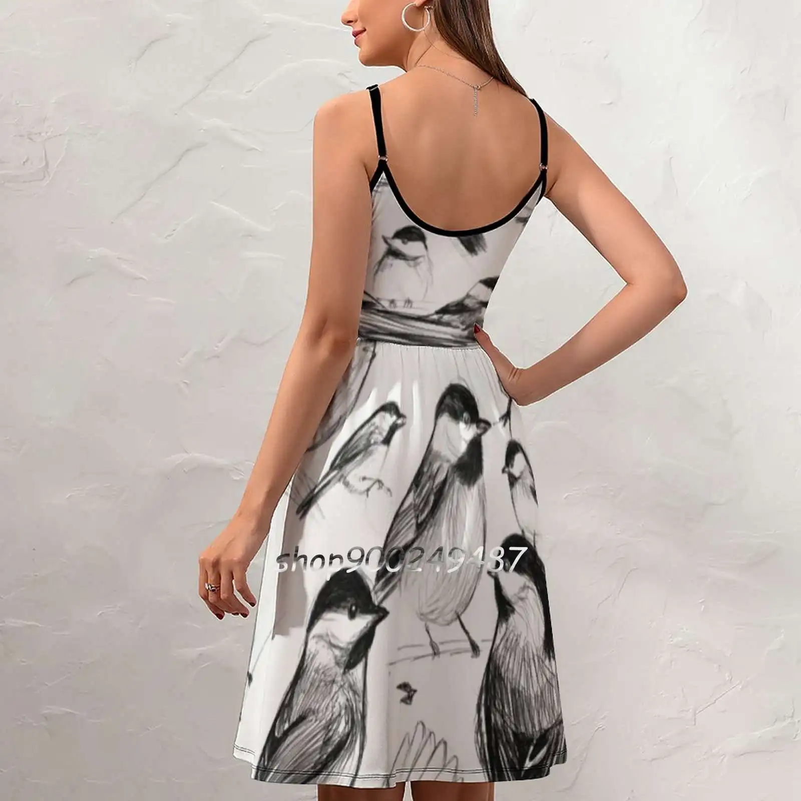 Chickadee Study Sweet Summer Casual Sling Dresses Korean Women Sexy Sundress Chickadee Bird Maine Nature Black And White Doodle