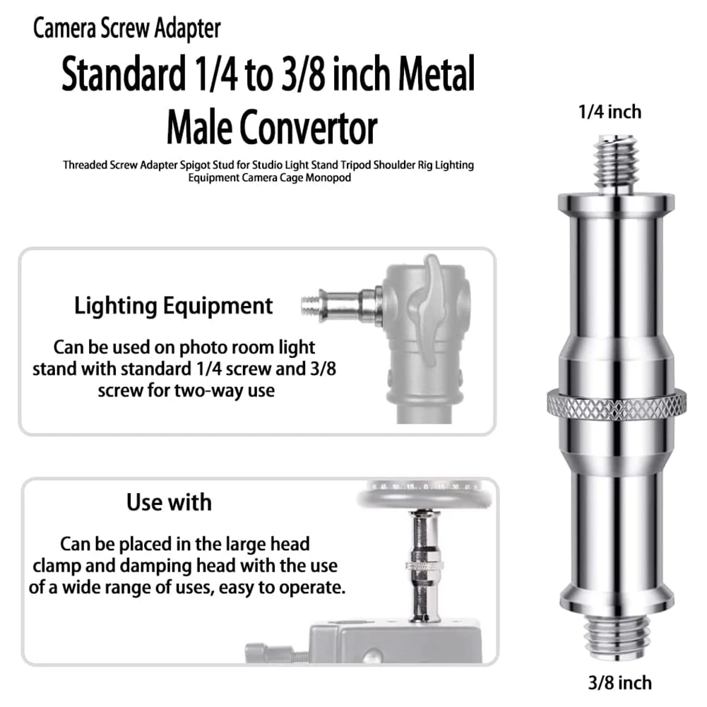 A52T5PCS Standard 1/4 to 3/8 Inch Metal Male Convertor Threaded Screw Adapter Spigot Stud,for Studio Light Stand Camera