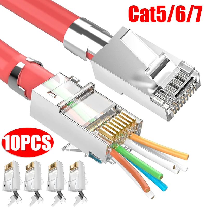 RJ45 Cat7 Cat6 Cat5 Pass Through Connectors Network Cable Modular Plug 8P8C Gold-Plated Connector End for FTP/STP Solid Wire