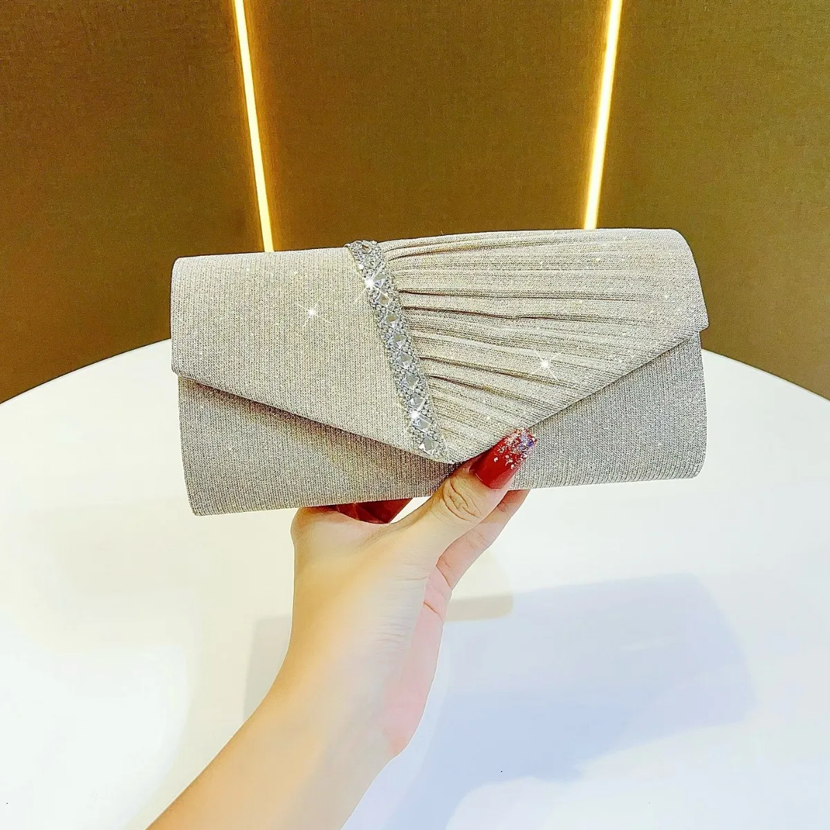 

Women's Elegant Satin Evening Bag Pleated Clutch Wedding Purse Formal Tote Party Prom Clutch with Rhinestones for Wedding Bride