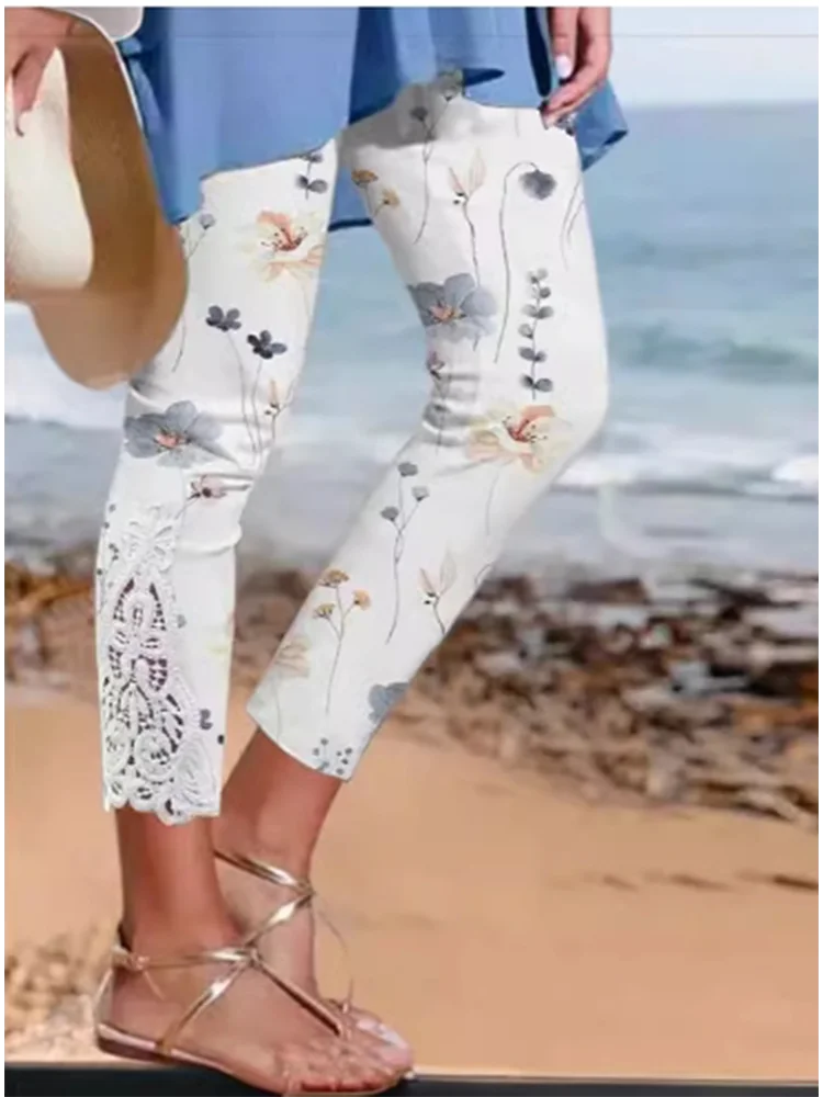 

Женские кружевные облегающие брюки с цветочным принтом, летние модные повседневные Леггинсы для йоги