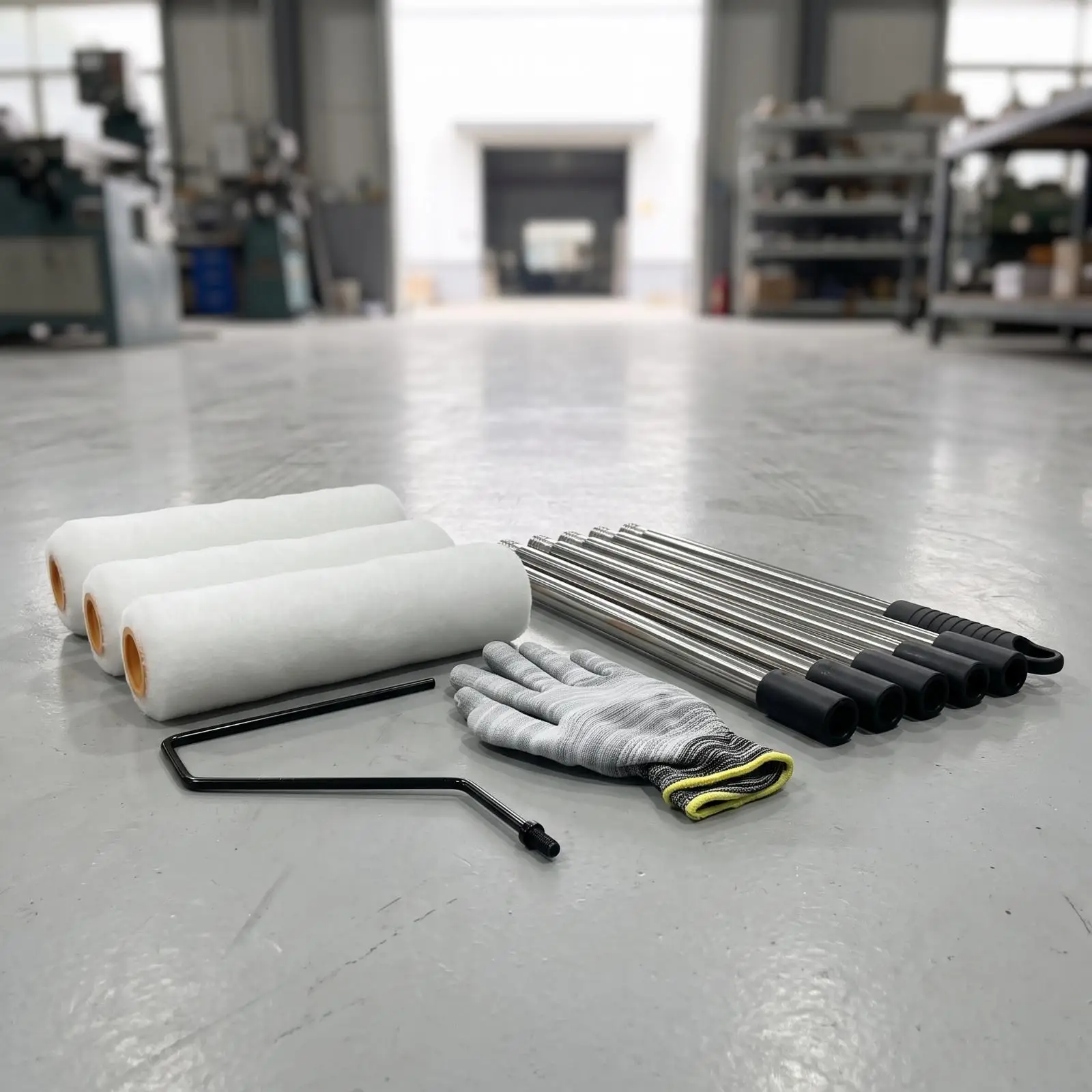 Durable Floor Coating Roller Set with Stainless Steel Frame and Fiber Rollers for Epoxy Resin on Garage Floors