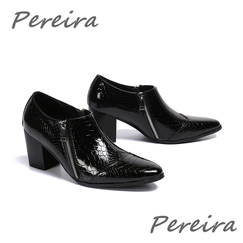 

Black Genuine Leather Men Dress Shoes Fashion Side Zipper High Heels Male Party Club Thick Heel Formal Dress Shoes Plus Size