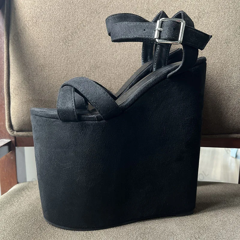 Ronticool New Arrival Women Platform Sandals Wedges High Heels Round Toe Elegant Black Cosplay Shoes Ladies US Plus Size 4-15
