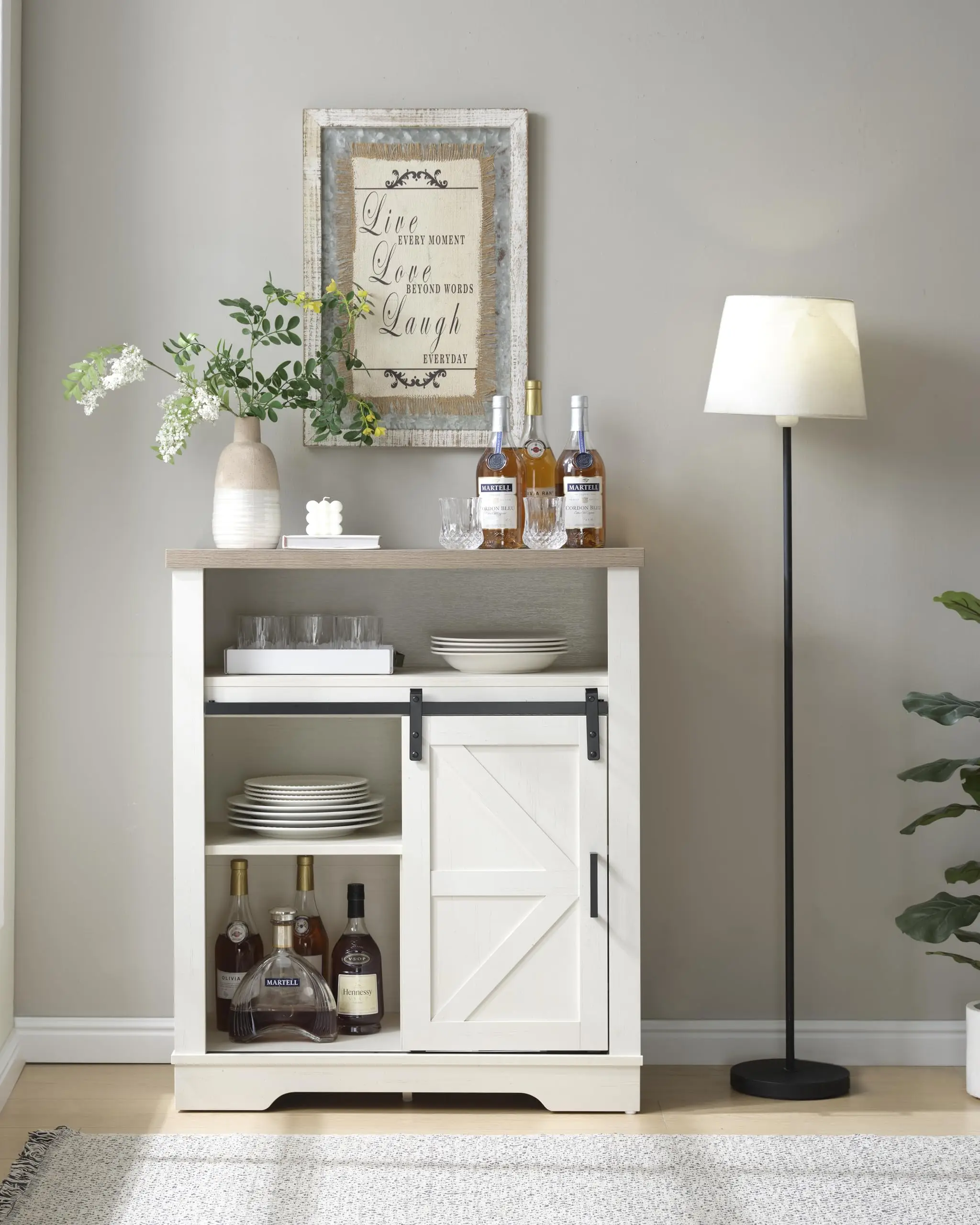 Farmhouse Wine Cabinet with Sliding Barn Door, Liquor Cabinet with Rack for Inside Cabinet，Buffet Table for Kitchen image 4