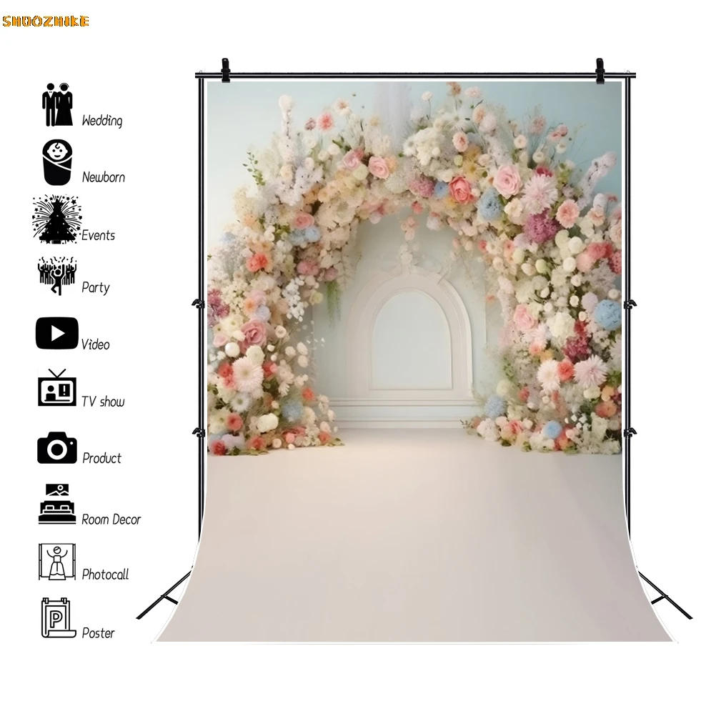 Boho Style Wedding Portrait Photography Backdrop Flowers Window Curtain Bridal Shower Birthday Party Photo Background Props