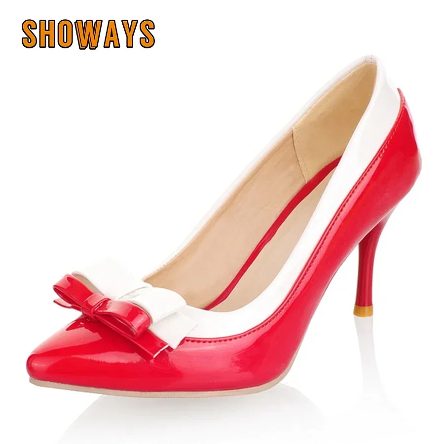 Big Size Sweet Bowtie Women Pumps Black Red Mixed Color Patent Leather High Thin Heels Pointed Toe Party Dress Office Lady Shoes