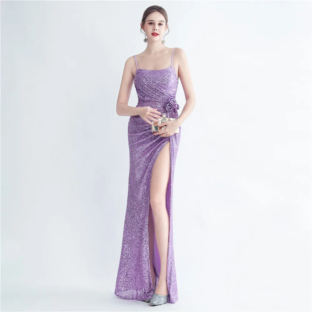 ผู้หญิงสปาเก็ตตี้สายรัดเลื่อม Mermaid ชุดราตรียาว Glitter Halter ชุดราตรี Gowns พร้อม Slit Handmade ดอกไม้ชุด