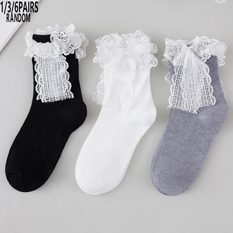 1/3/6 Pairs Random Women Sweet Style Lace Bow Decor Design Comfortable Breathable Mid‑Calf Socks